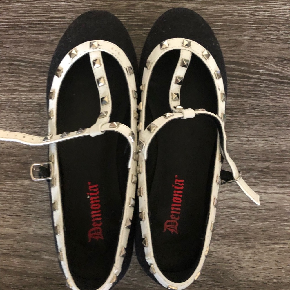 Demonia Ladies Black Canvas White Leather Platform Mary Jane Shoes